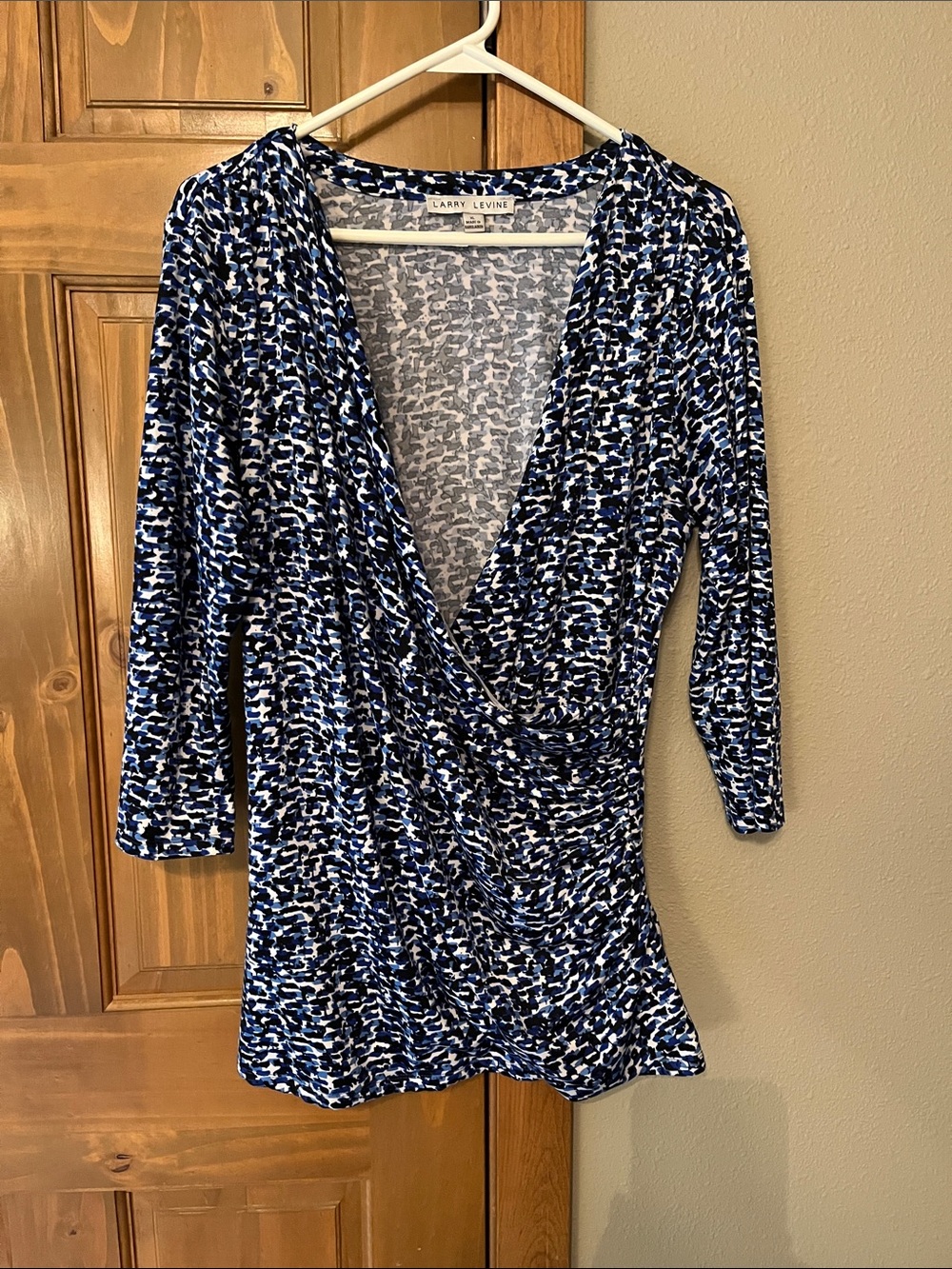 Larry Levine Navy, White & Black Abstract Wrap-Front Blouse